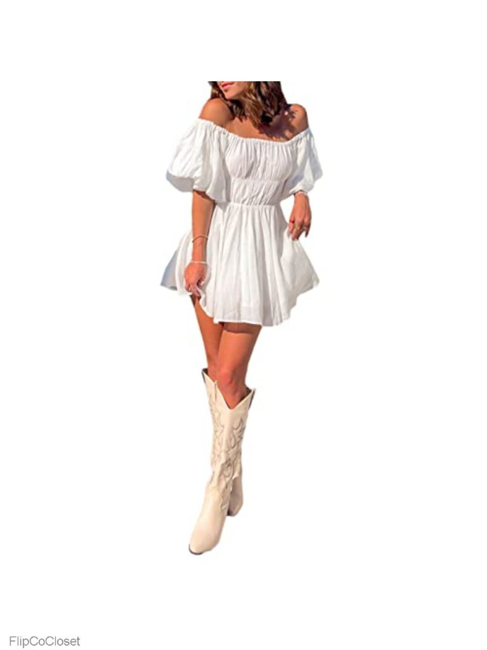 Women's Puff Sleeve Mini Dress Ruched Waist Flowy A-line Party Dress